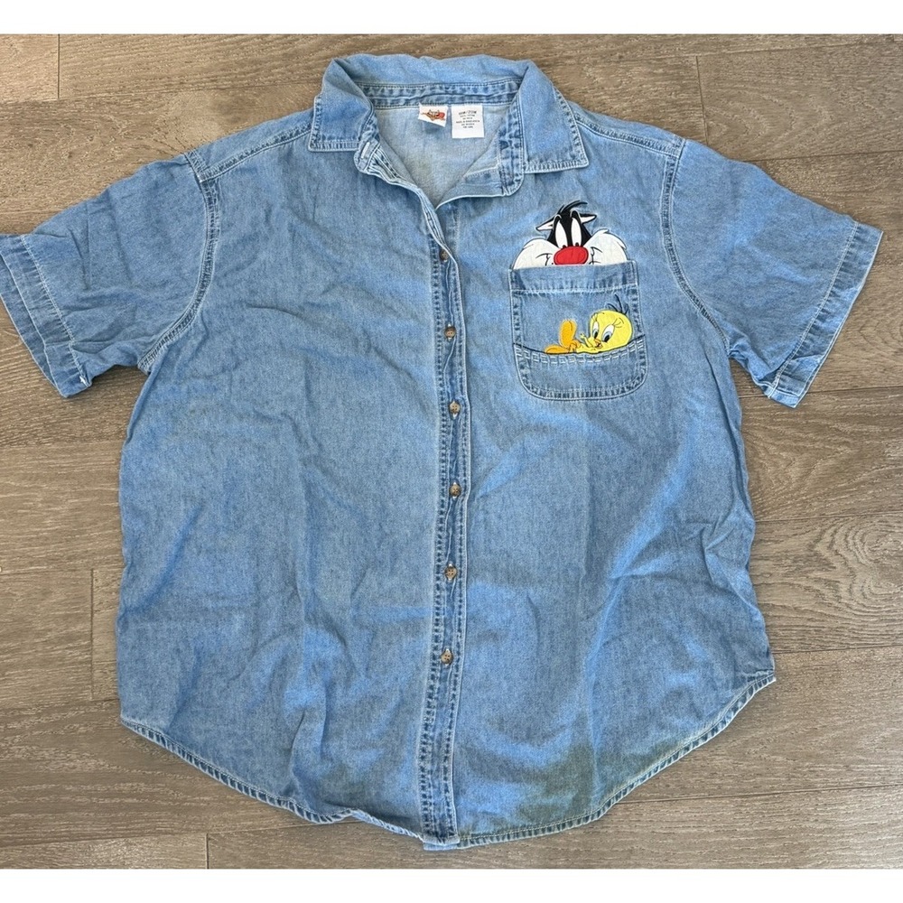 Vintage Looney Tunes Denim Button Up Shirt Sylvester Tweety Pocket Womens 18W 20